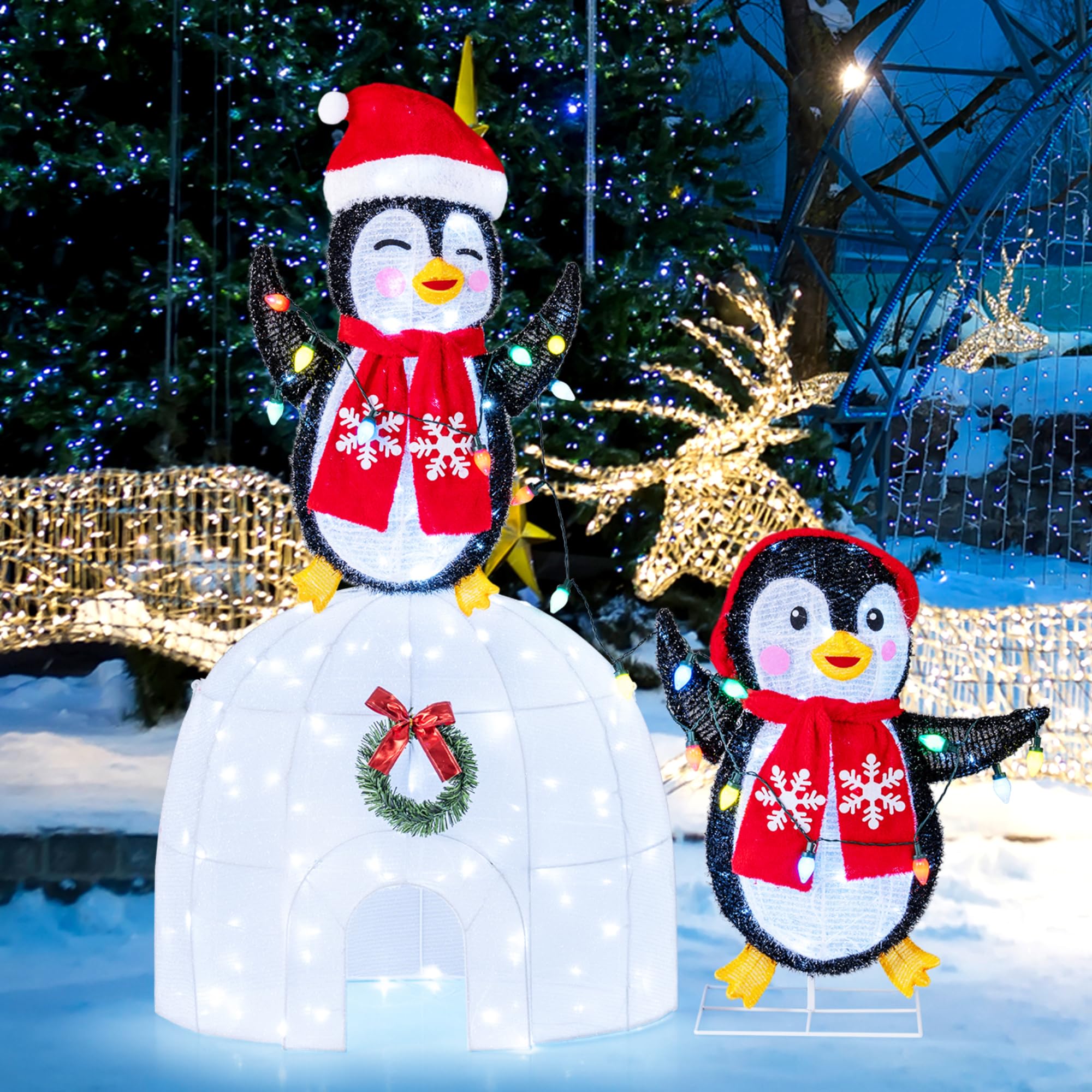 Tangkula Lighted Christmas Penguins & Igloo Decorations